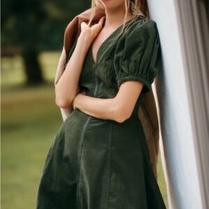 Olive Green Corduroy Puff Sleeve with Pockets Zip-Front Dress